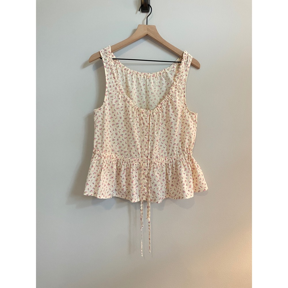 Madewell Ruffled Hem Ivory & Pink Floral Button Down & Tie Tank